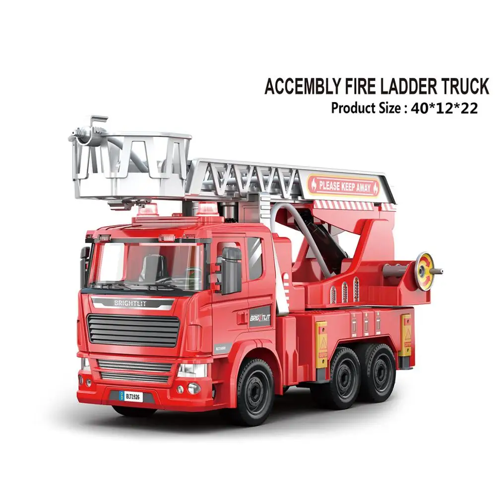 new intelligent toy wholesale  1/22 DIY toy assembly l rescue fire  truck  with extending ladder flashing lights and sound