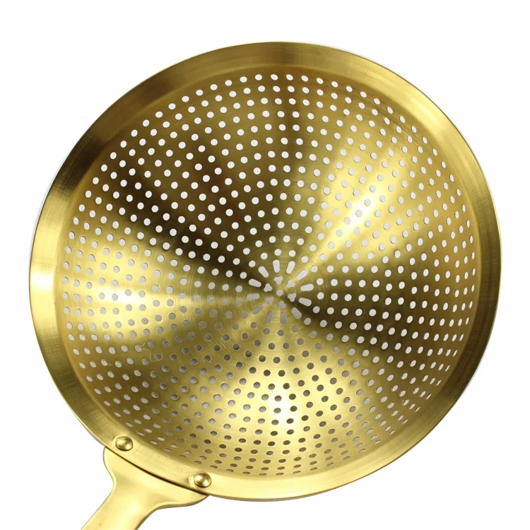 Slotted Spoon Kitchen Flour Sieve Gold Pasta Strainer Skimmer Wood Handle Stainless Steel Colander Ladle