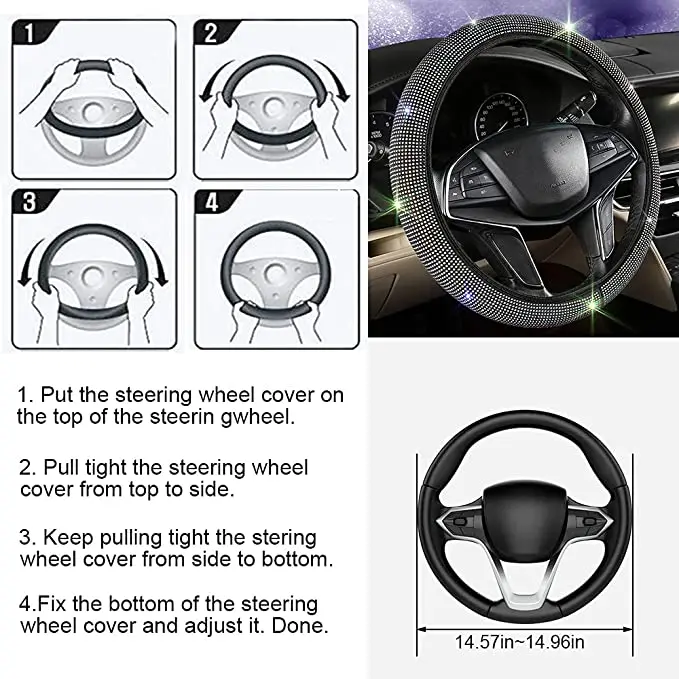 Bling Diamond Steering Wheel Cover for ladies and girls, Shiny car SUV breathable anti-skid steering Wheel cover