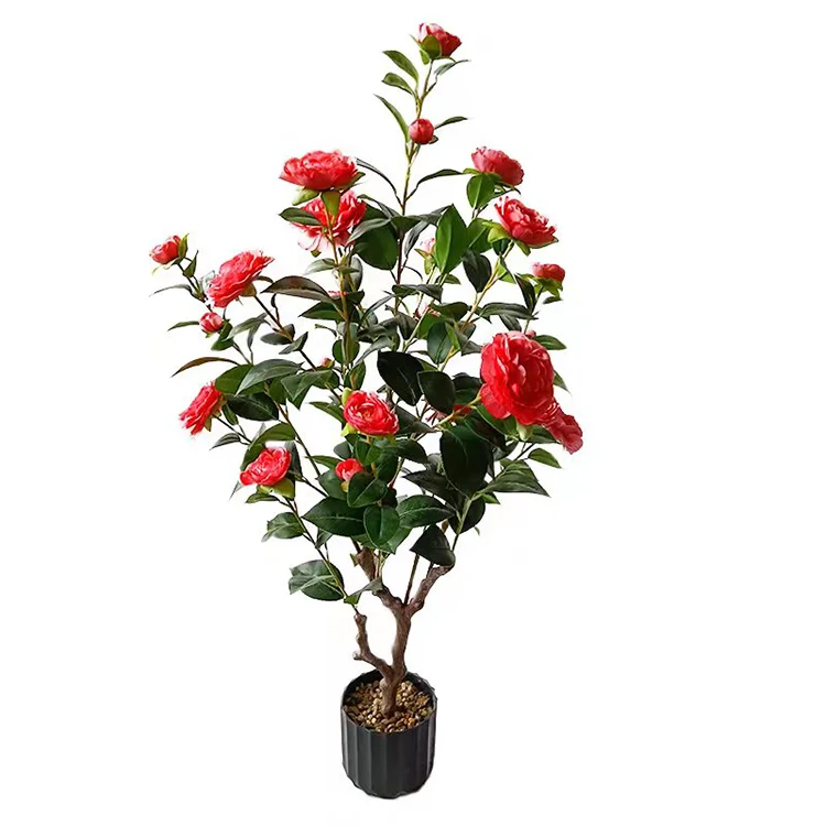 Artificial rose red camellia tree artificial plastic flower plant bonsai tree on sale  MY3103