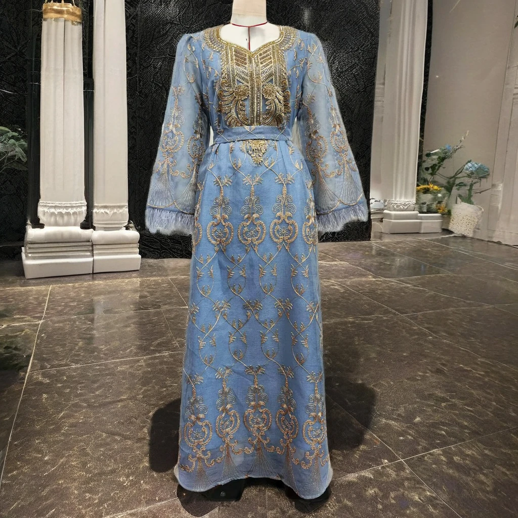 2024 EID Kaftan Moroccan Style Islamic Clothing Adults Taffeta Fabric Lace Flower Decorations Empire Waistline Romantic Style