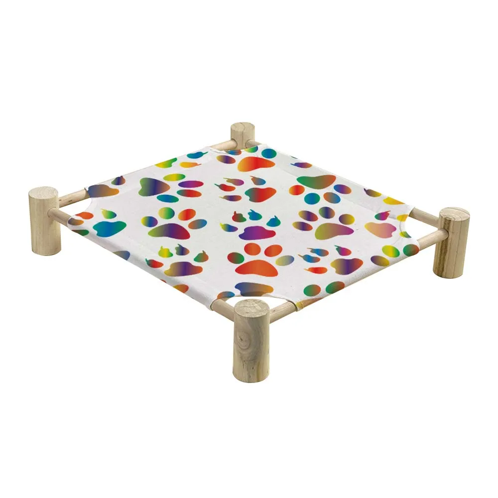 Washable Breathable Linen Fabric Small Pet Bed Square Elevated Cat Hammock with Wooden frame Sublimation Blank Pet Bed