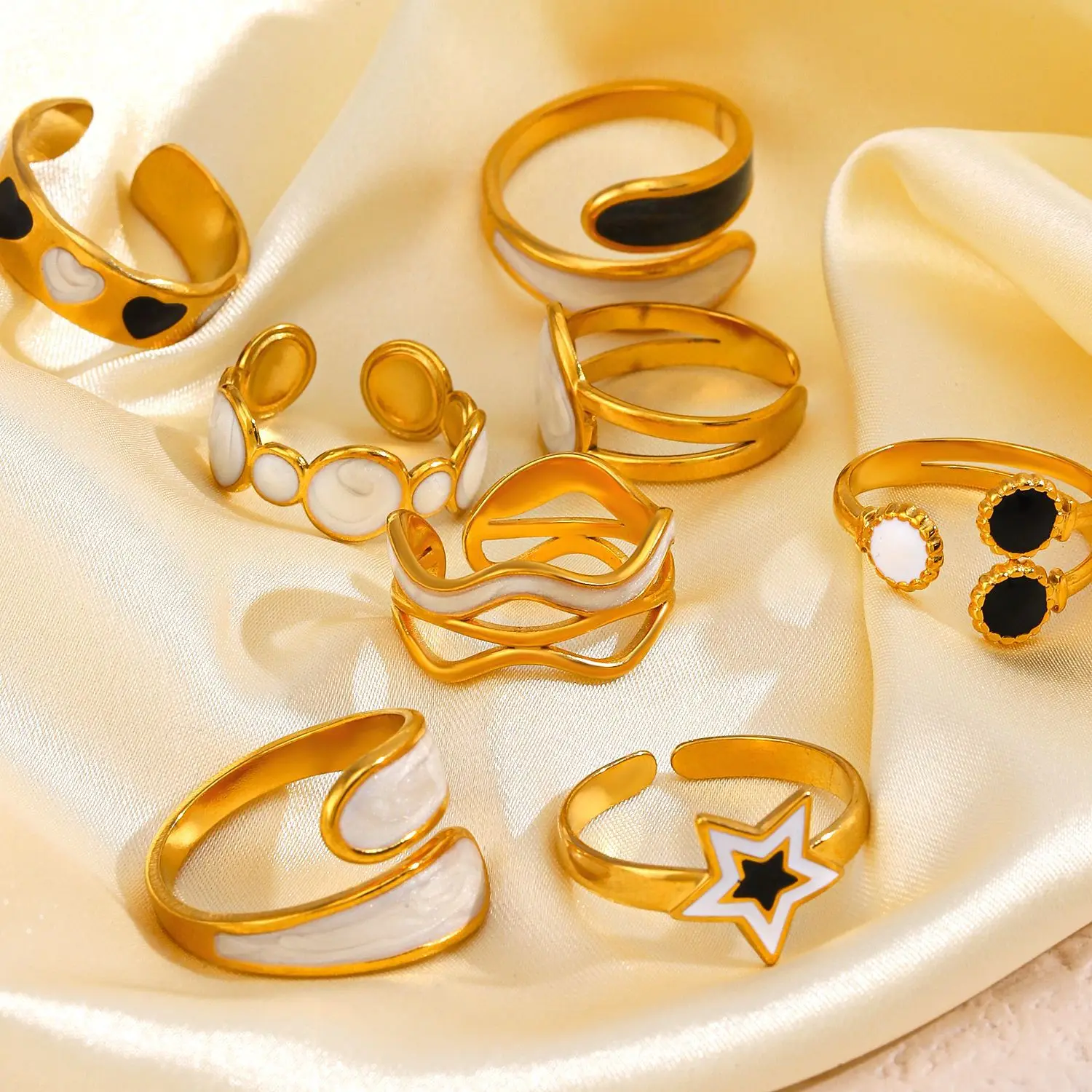 Waterproof 18K Gold plated Stainless Steel Drop Oil Star Heart Geometric Open Charm Finger Ring For Women Jewelry Enamel Rings