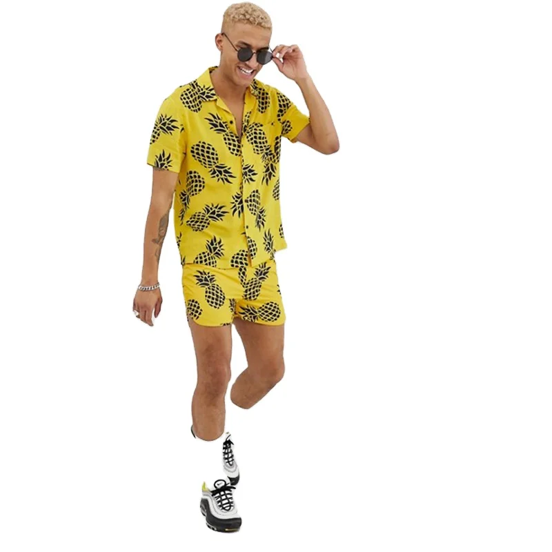 KY Button placket summer outfit for men beach shirt Pineapple print Elasticated waistband Mesh lining swimshorts co-ord