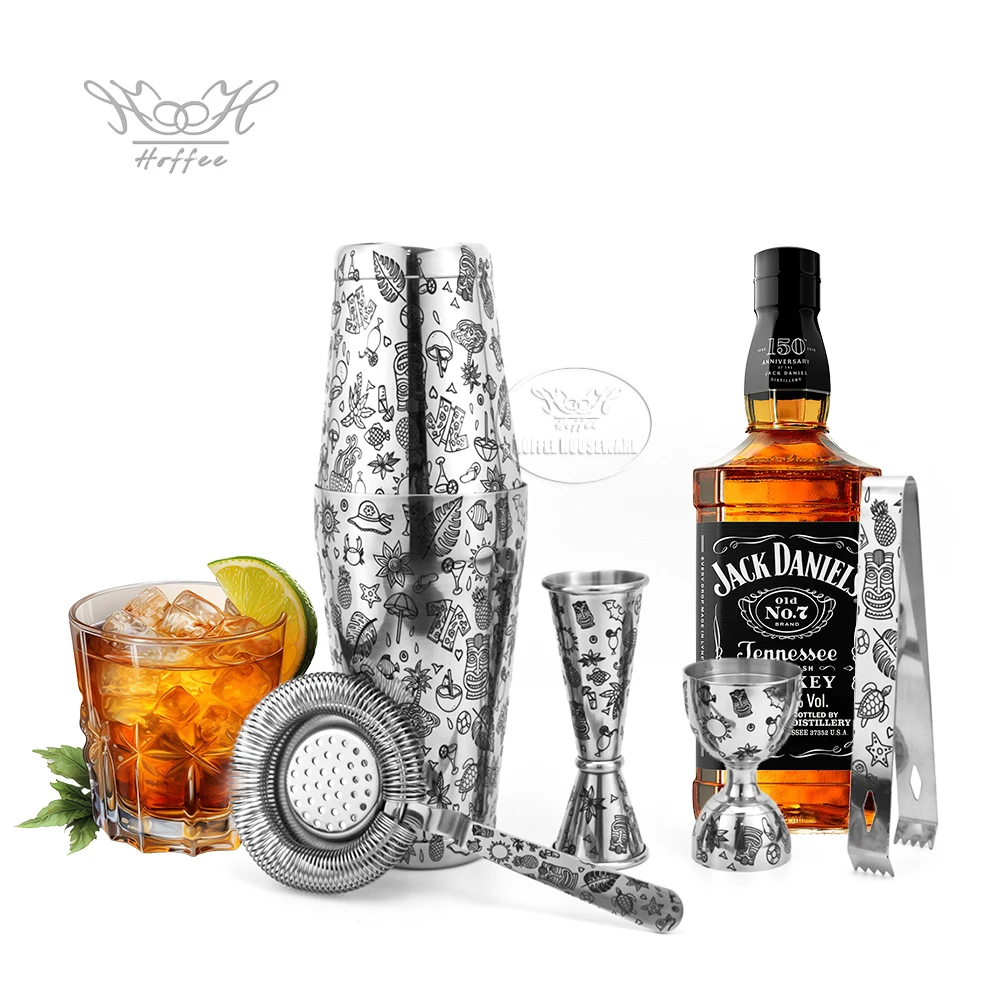 Custom Tiki Etching 18+25oz Cocktail Shaker Set Stainless Steel Bar Tool Martini Mixing Bartender Kit With Bar Measuring Jigger