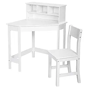 Corner Writing Desk Wooden Study Desk Chair for Children with Storage and Hutch