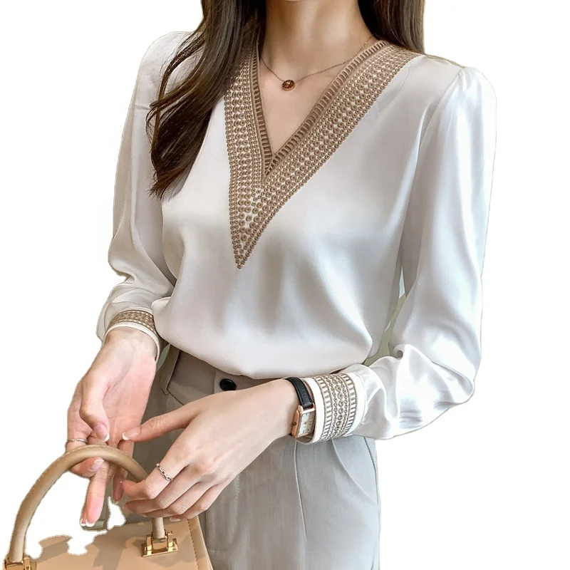 Spring/summer and autumn new fashionable and versatile V-neck satin chiffon shirt