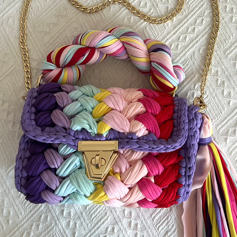 Fashion Multicolor Shoulder Bag Handwoven Crochet Handbag For Women Candy Color DIY Chunky Icelandic Yarn Chain Crossbody Bags