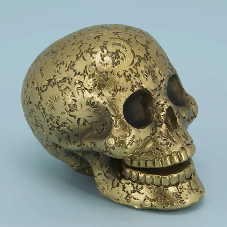 Jiayi Customize Halloween Horror Decoration Resin Crafts Metallic Lace Pattern Head Calavera Skulls Statue