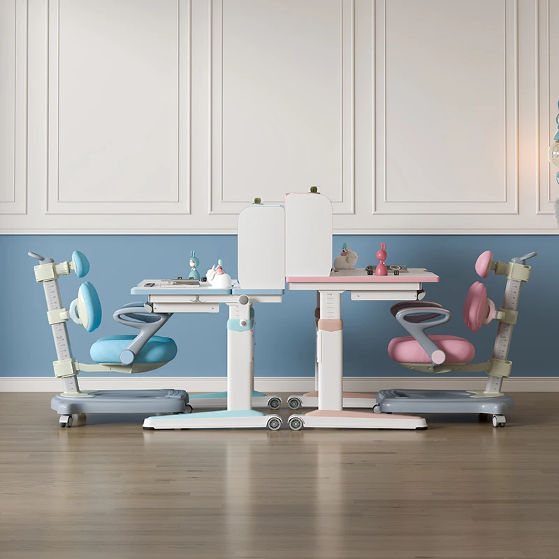 
Wood Adjustable Height Kids Study Desk with Chair Drafting Table Computer Station Built-in Bookshelf Hutch Multi Function 