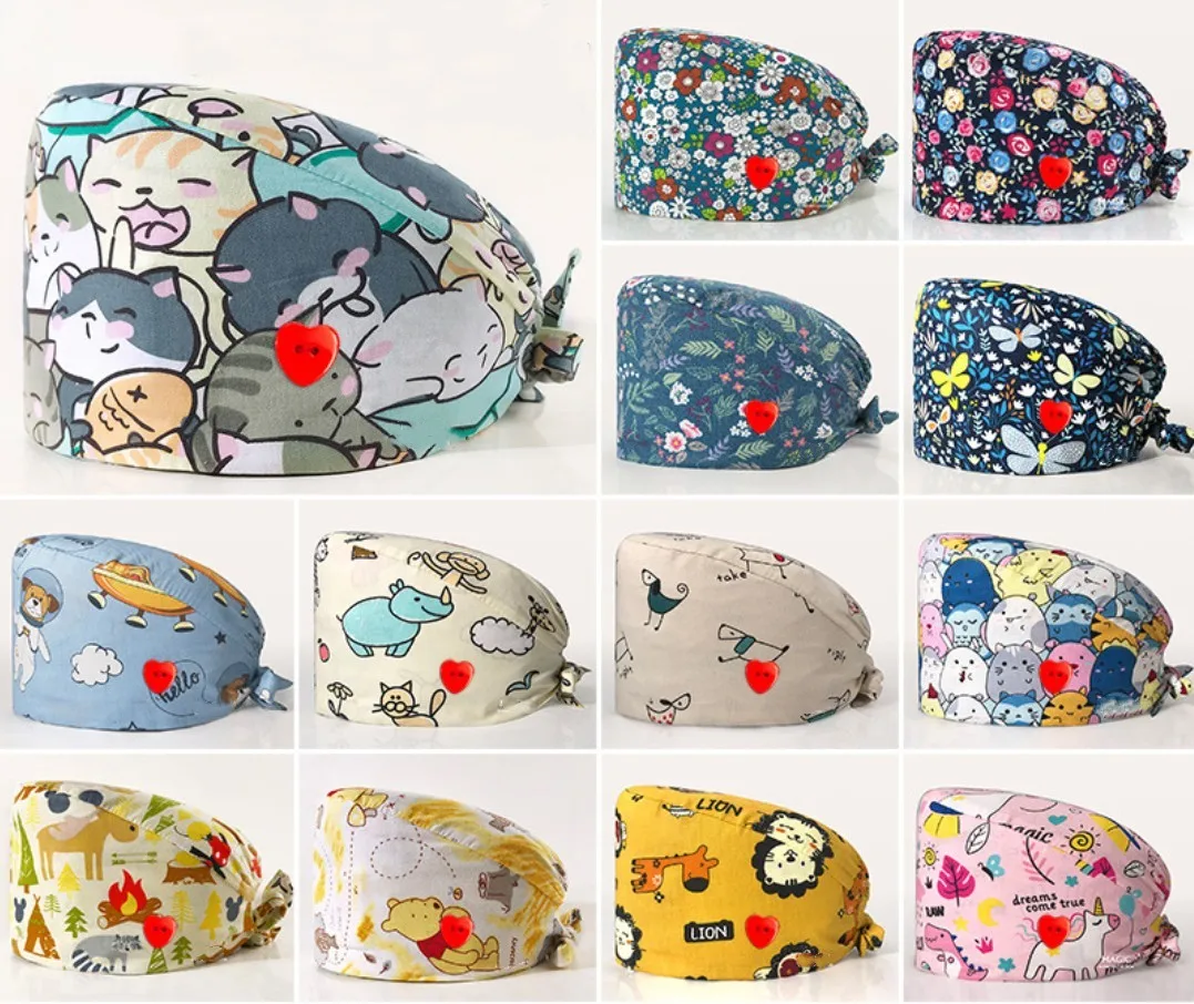 100% Cotton Ladies Anti-hair Cap Hospital Uniform Printed Scrub Nurse Hat pet nursing scrubs caps satin lined hat beauty cap