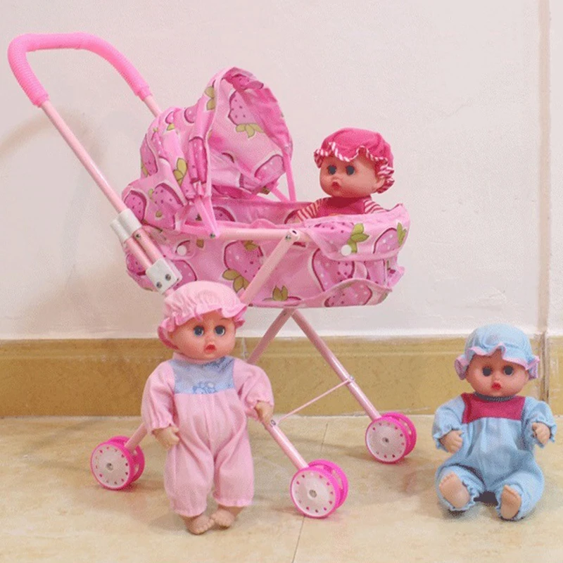 Fashion foldable iron pram toy lovely baby doll stroller toy kids pink and blue lovely stroller toy