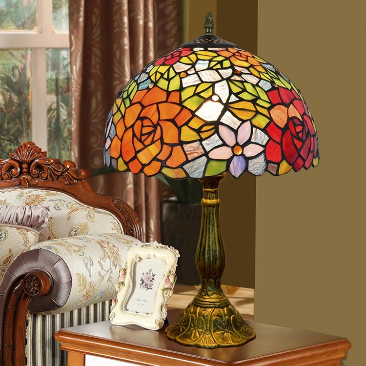 12 inch Vintage creative Classic Rose art decorative Tiffany tinted glass mood lighting Hotel bar dining room table lamp