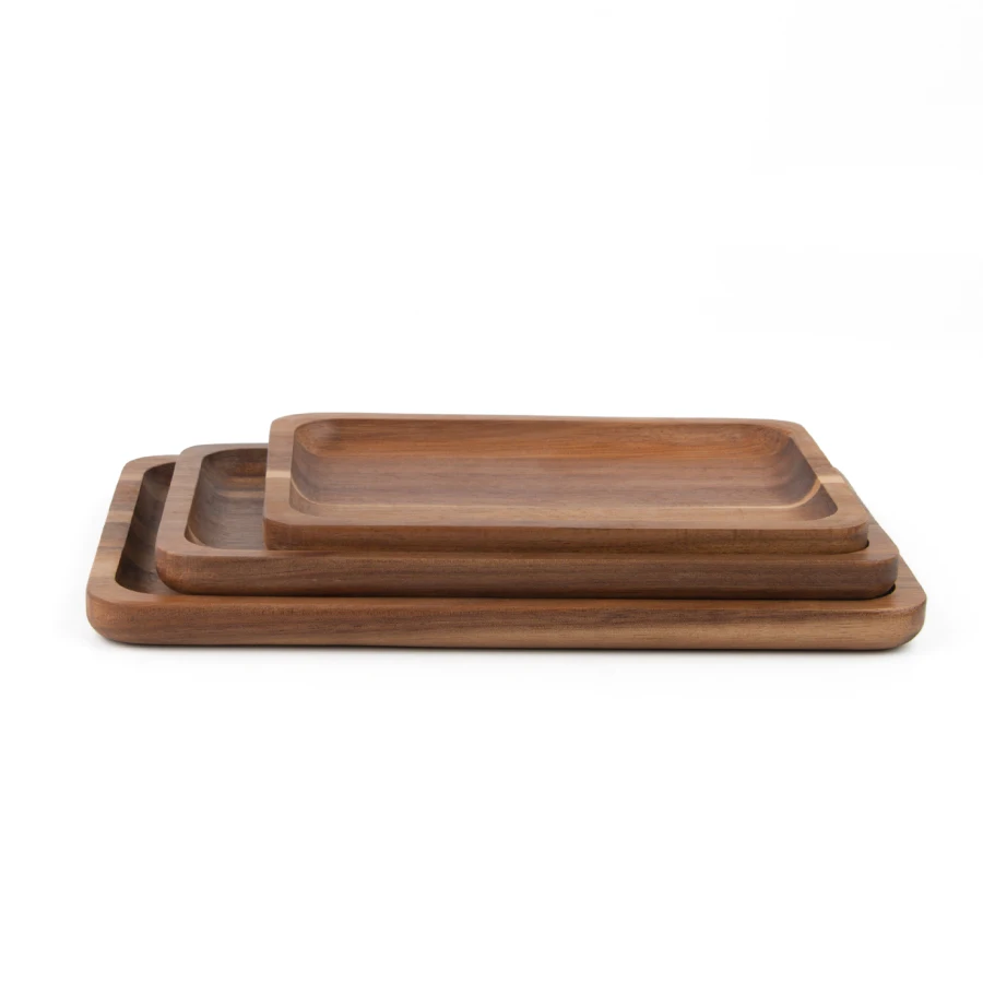 Wholesale Rectangle Wooden Dish and Plate For Serving Snack Appetizer Nuts Acacia Wood Tray Set