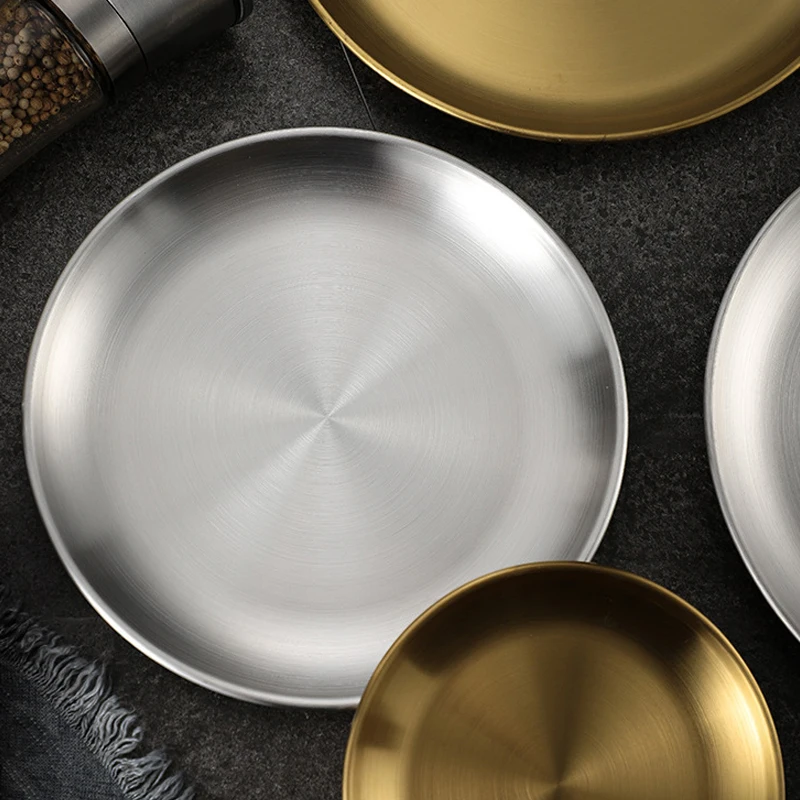 Custom Logo Korean Stainless Steel Barbecue Plate 14cm 17cm 20cm 30cm Round Tray Serving Dishes Plates