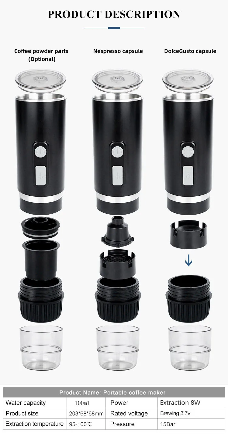 Automatic portable espresso machine, outdoor travel capsule 12v capsule coffee machine