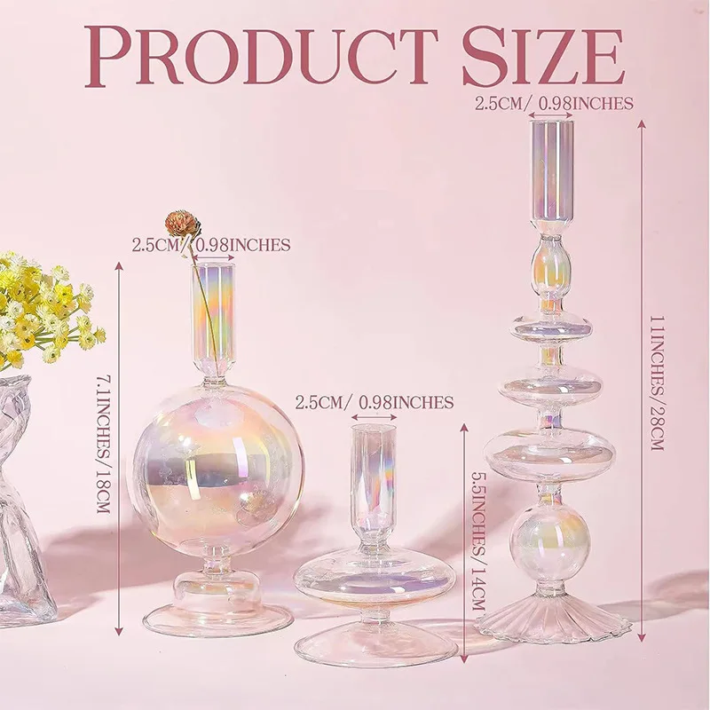 Home Party Decoration Elegant Glass Candlestick Vase Holders Colorful Glass Taper Candle Stand