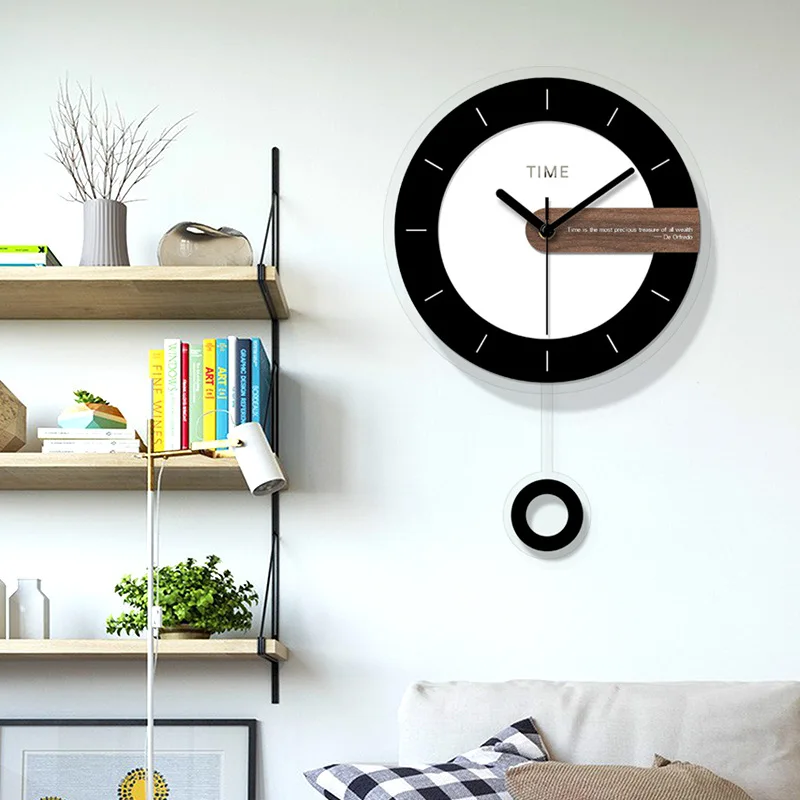 Round acrylic modern black and white with swinging creative home school office decoration wall clock