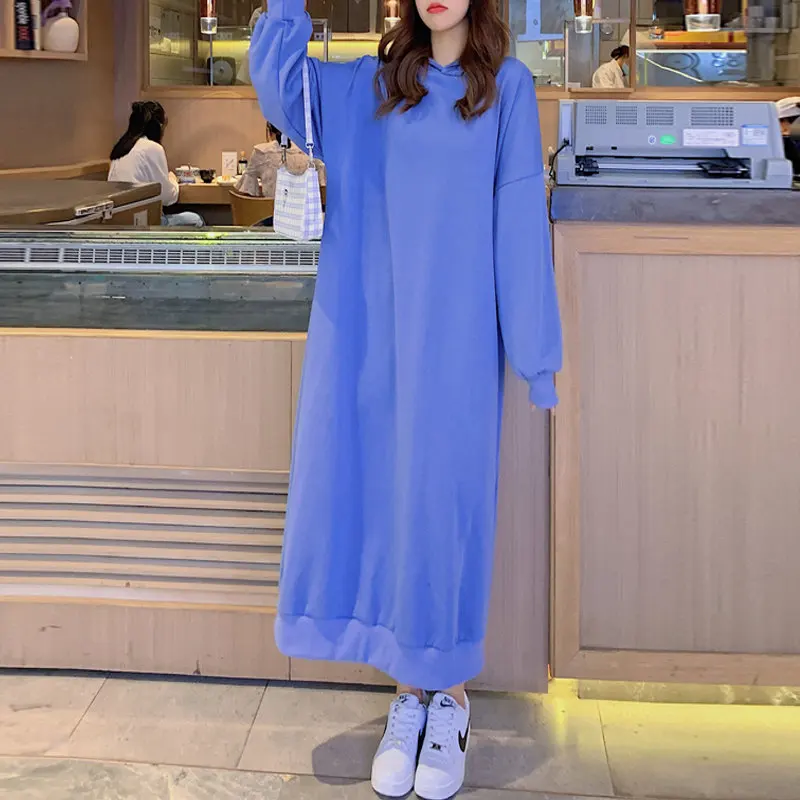 Streetwear Casual Long Hooded Sweatshirt Winter Autumn Cotton Plain Maxi Oversized Hoodie Dresses For Women