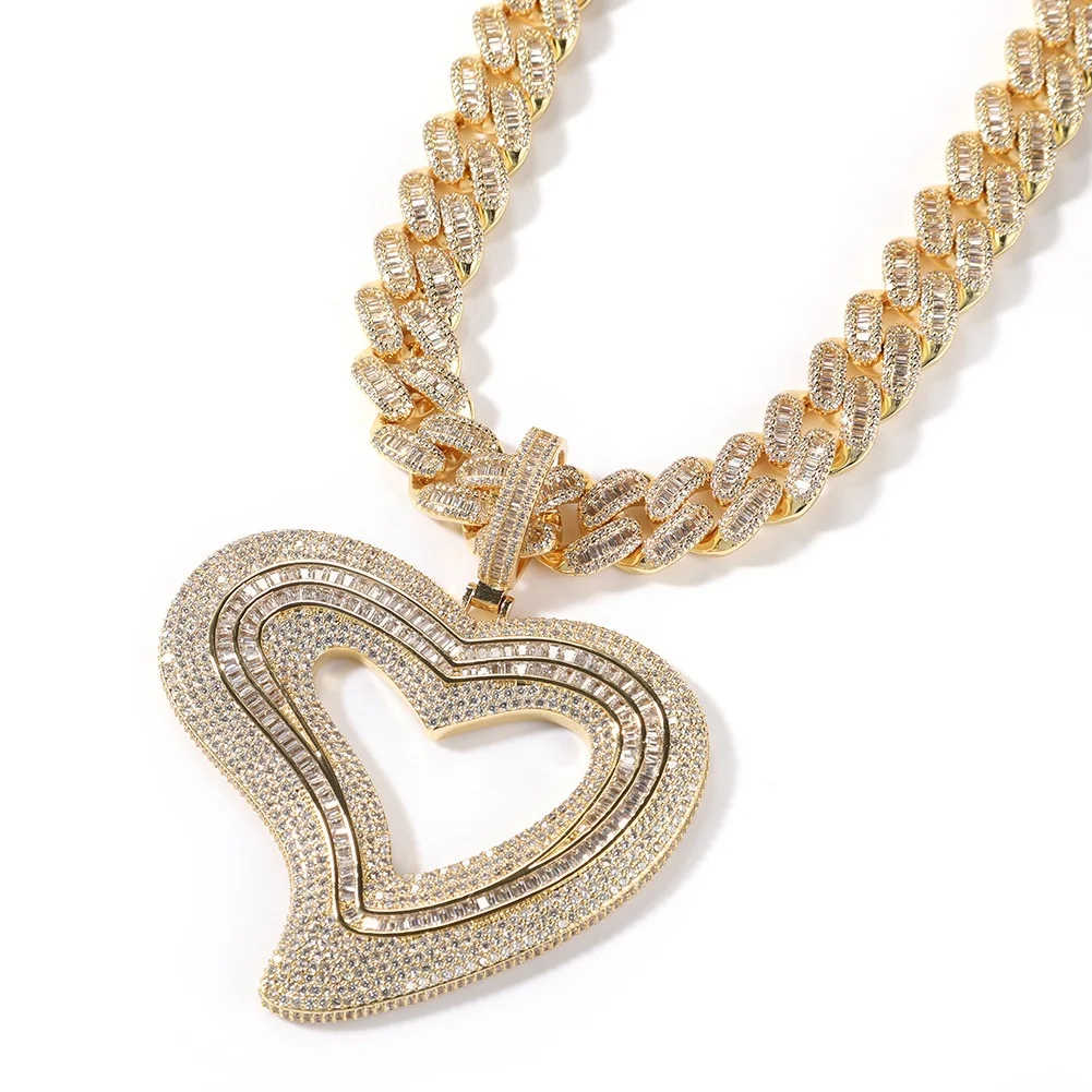 Hip Hop Hot Sale Big Gold Plated Heart Pendant Charms Iced Out Heart Necklace Full 3A CZ Pendants for Necklace