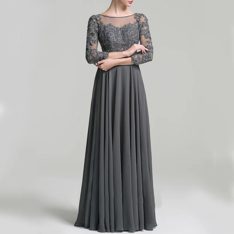Floor Length Long Sleeve Long Gown Gray Color Women Bridesmaid Dresses