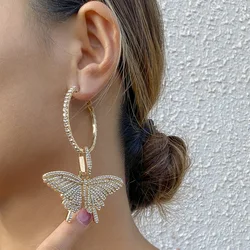 Wholesale Fashion Gold Plated Big Rhinestone Butterfly Dangle Hoop Earrings for Women