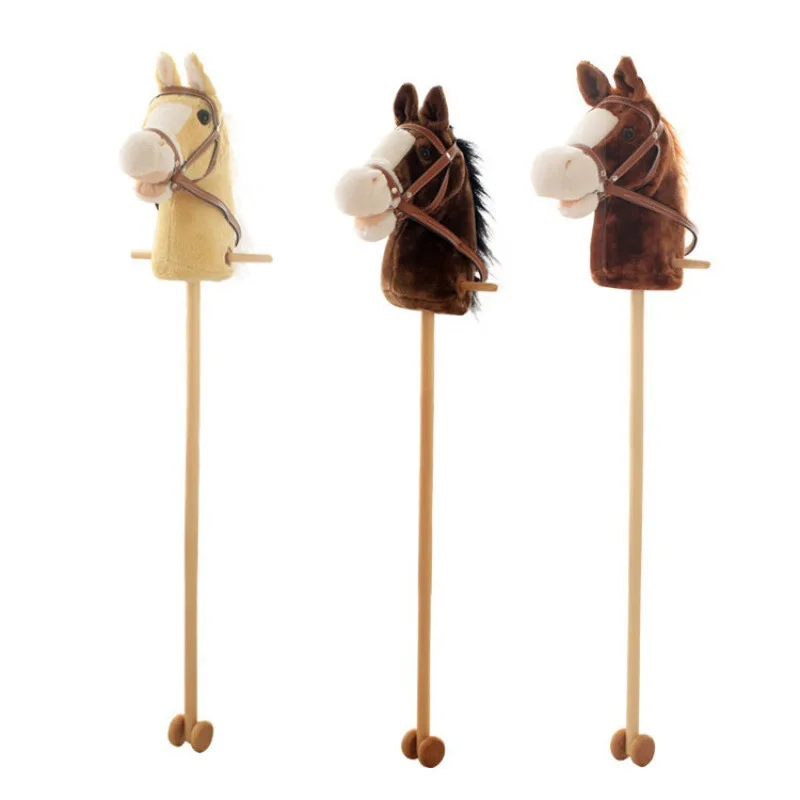 custom animal rocking horse head stick plush riding toy for kids