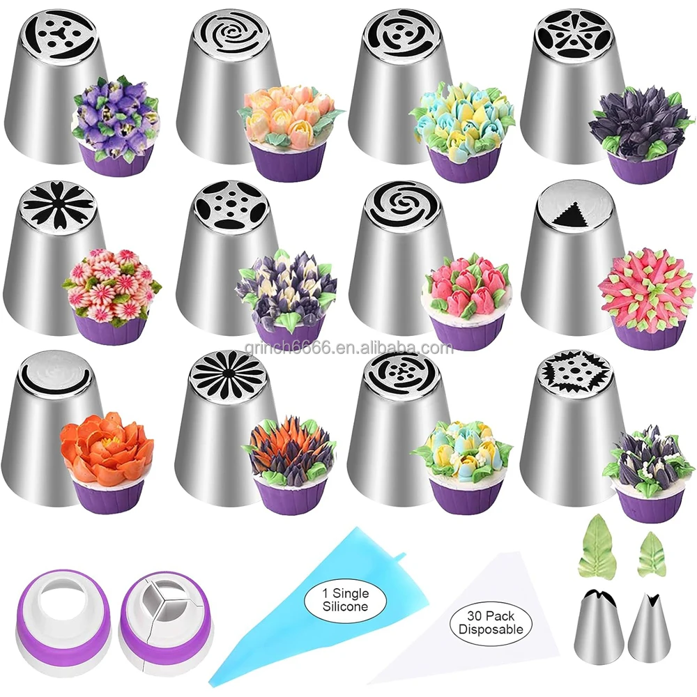 Russian Piping Tips Set 12 Flower Frosting Nozzles Icing Tips for Cake Decorating Tips Kit Baking Supplies for Cookie Cupcake