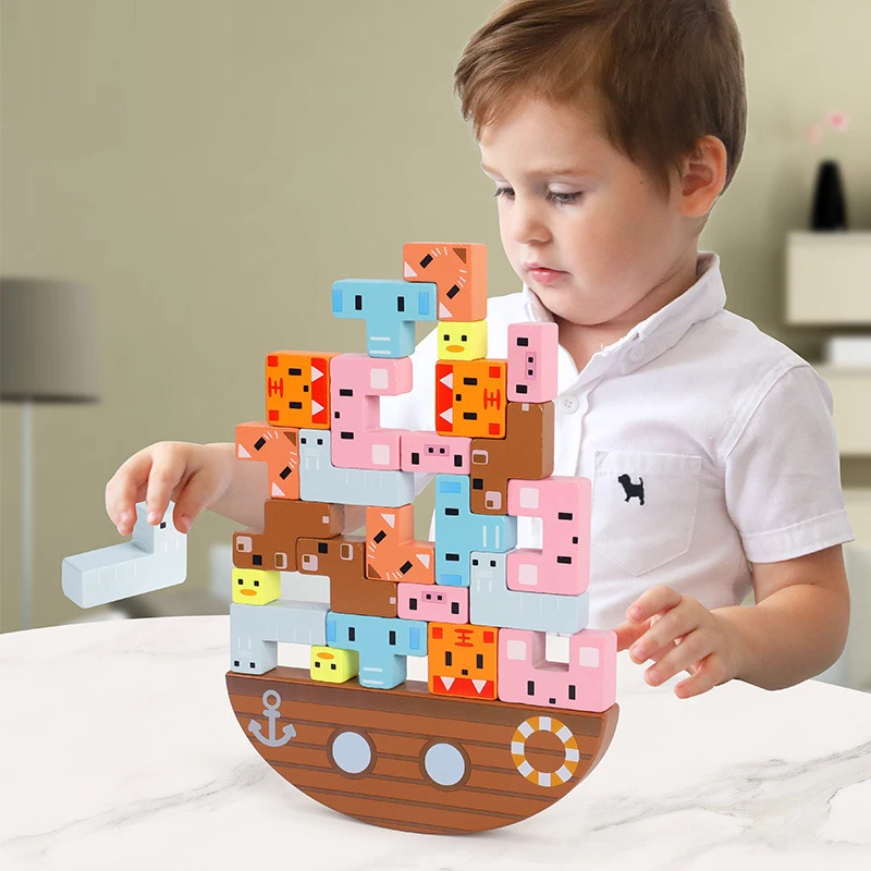 2022 Wooden balance stacking high toy swing challenge game parent-child interactive kindergarten building block boat toys