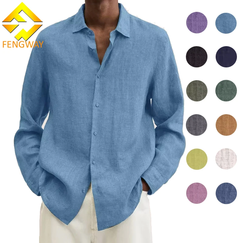 Fengway OEM Mens long Sleeve Buttons Linen shirt Summer Solid Comfortable Casual Loose Holiday Cotton And Linen Shirts Tee Tops