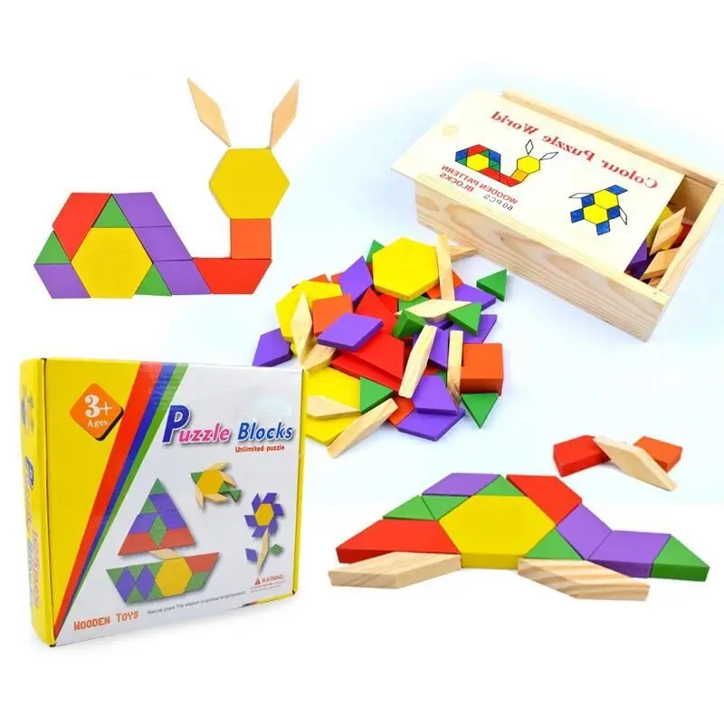 125pcs Wooden Tangram Puzzle Blocks Toddler Early Learning Games Kids Shape Color Cognitive Montessori Toys