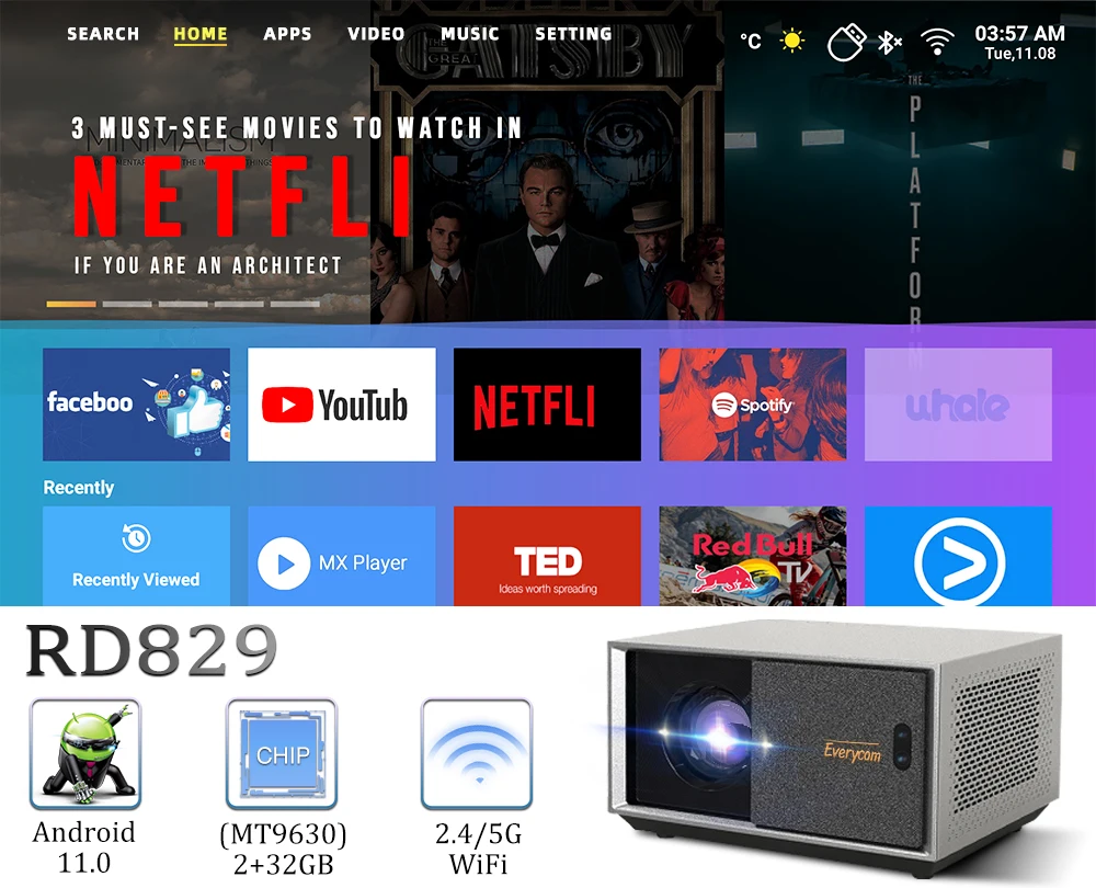 OEM Everycom Full HD RD829 Projector 5G WiFi LED 4K Video projector Movie Smart Android 11.0 Home Theater Cinema Beame