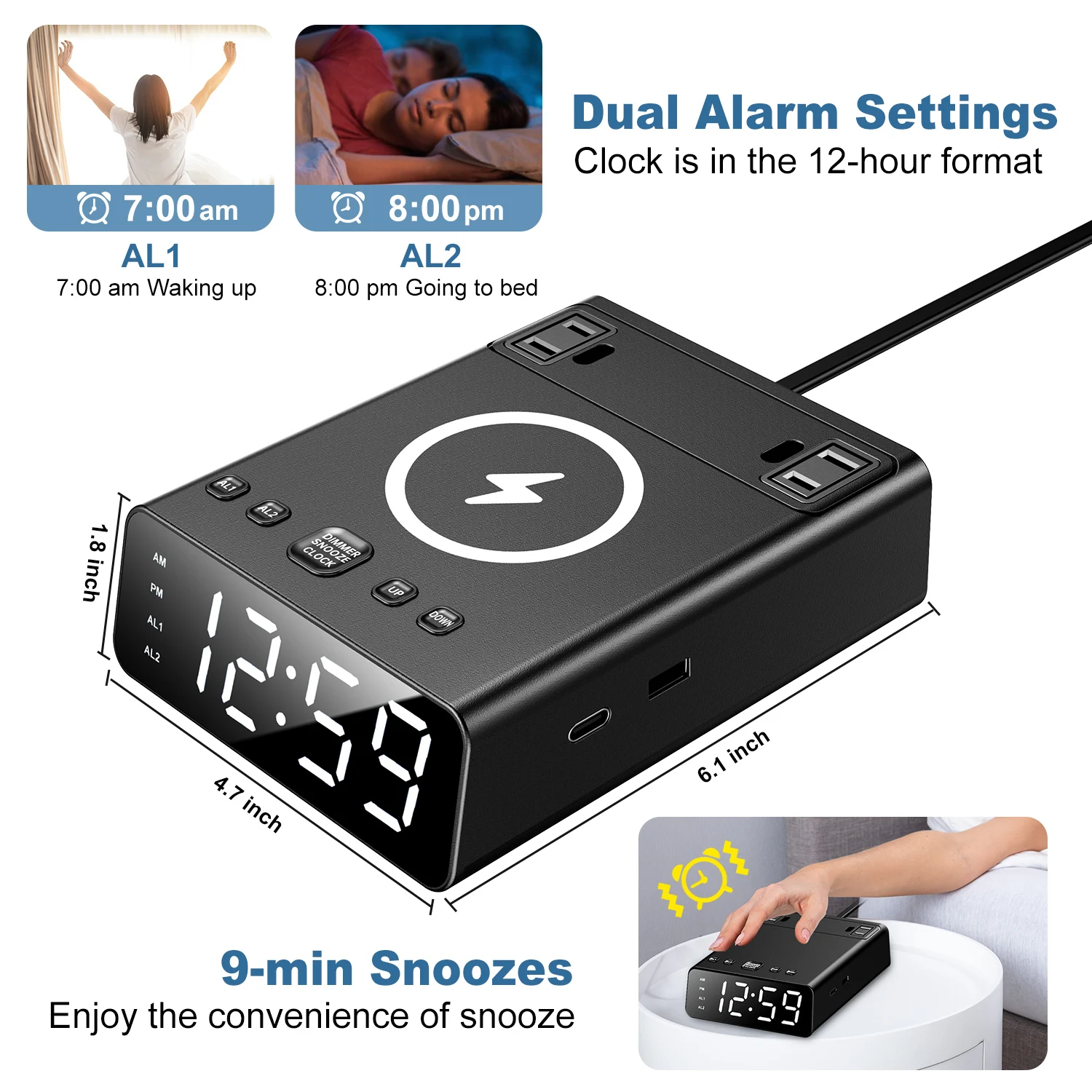 DC12 7-in -1 wireless charger type C charging ports USB  hub snooze digital alarm clock with AC outlet socket power strip