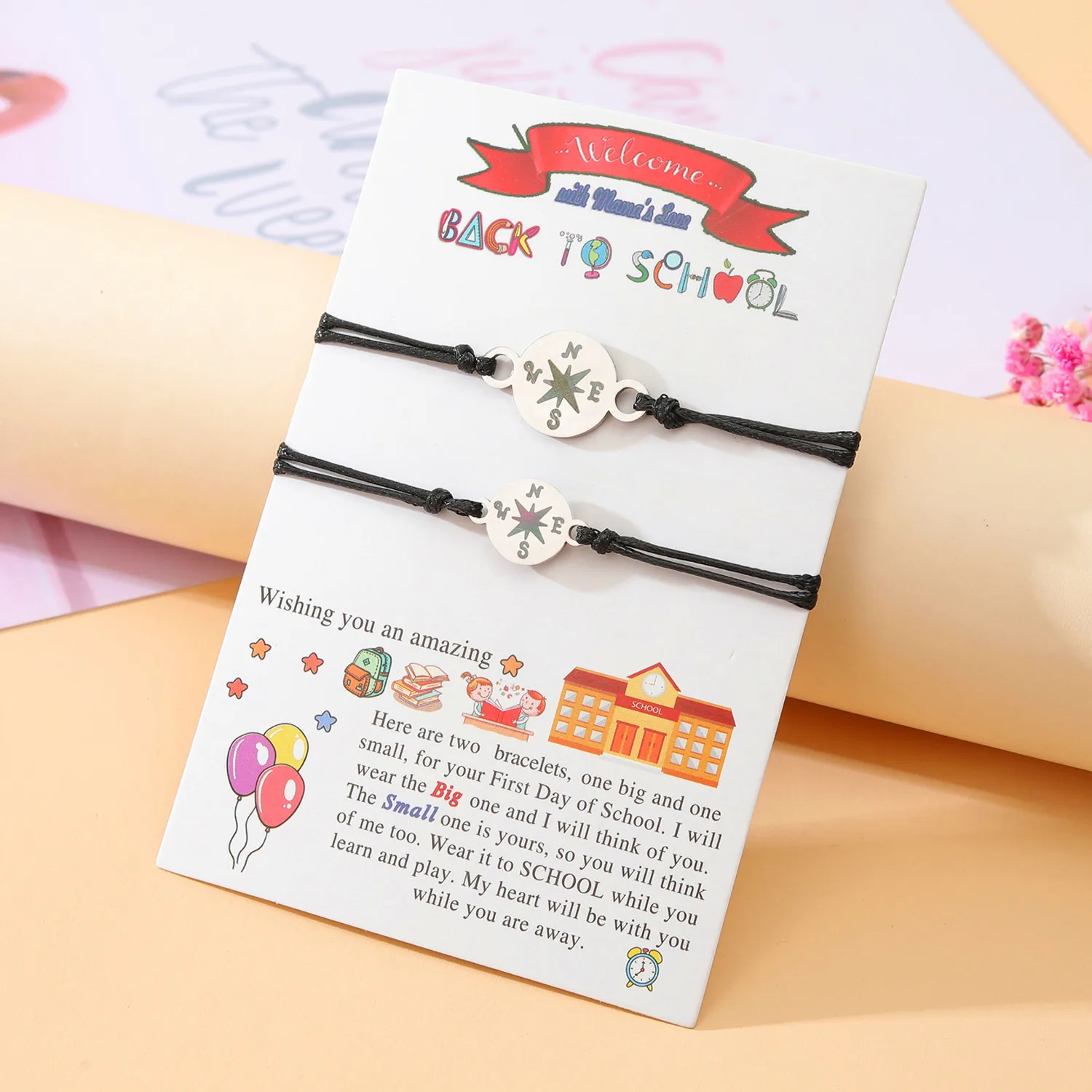 Kindergarten Compass Family Gift Bracelet Parents And Children Woven Rope Bracelet Set Fashion Charm Card Gift Bracelet