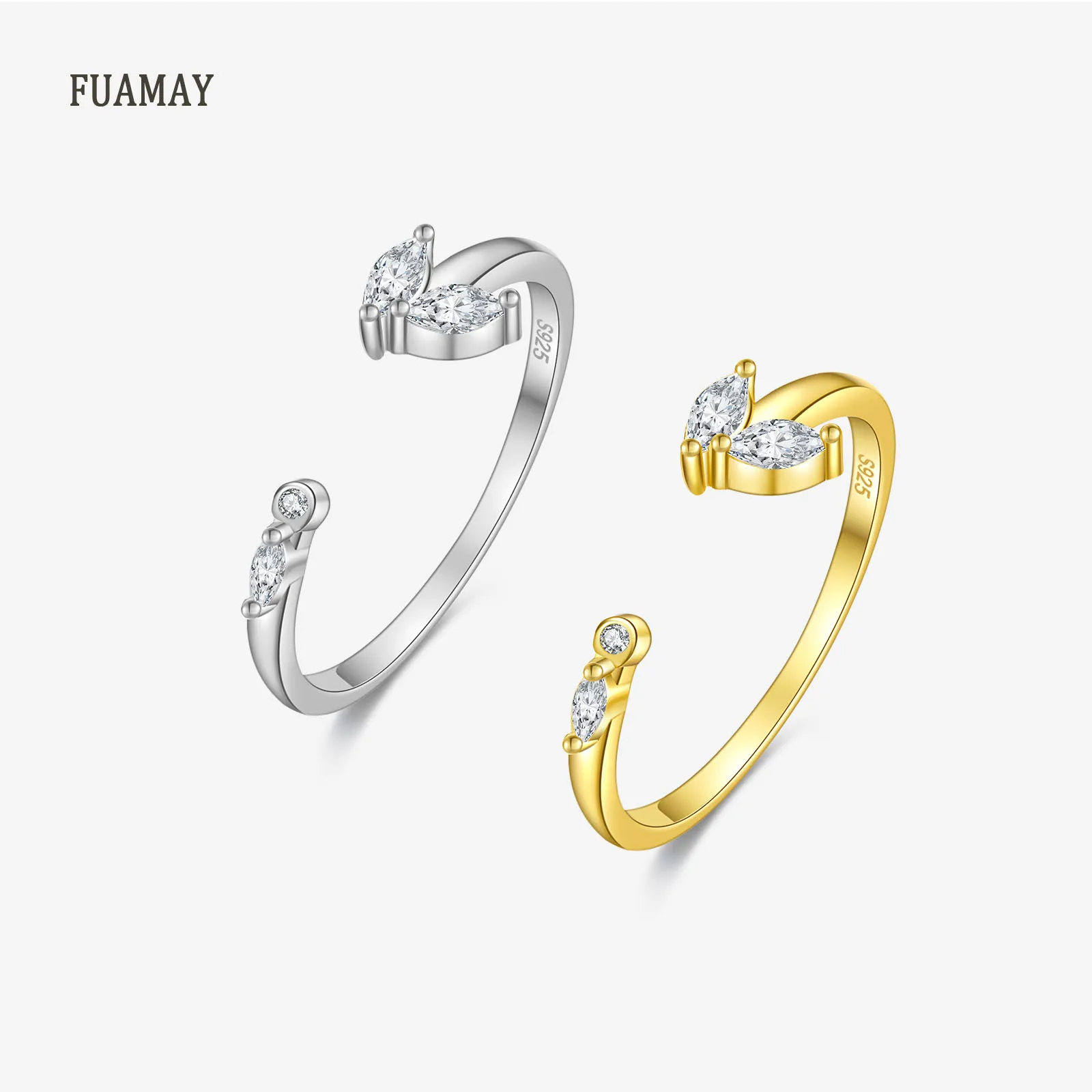FUAMAY 100% 925 Sterling Silver Open Zircon Rings Rhodium Plated S925 Marquise Zircon Lady Ring Gift