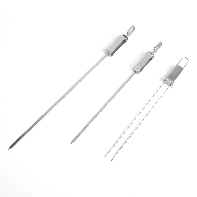 Amazon Hot Sale BBQ Skewers Stainless Steel Barbecue Forks with Push Bar Meat Flat Metal Long Kabob Skewers for Grilling
