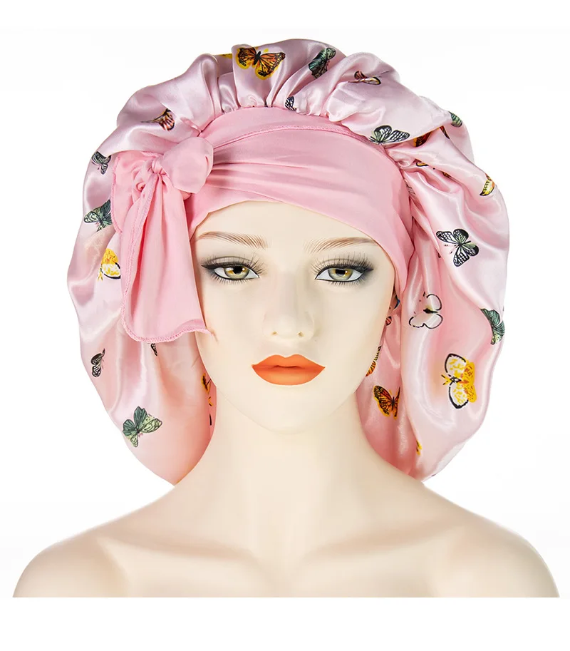 Wholesale hot selling new wide side long tail extra large shower cap Fashion printed ladies large color night cap