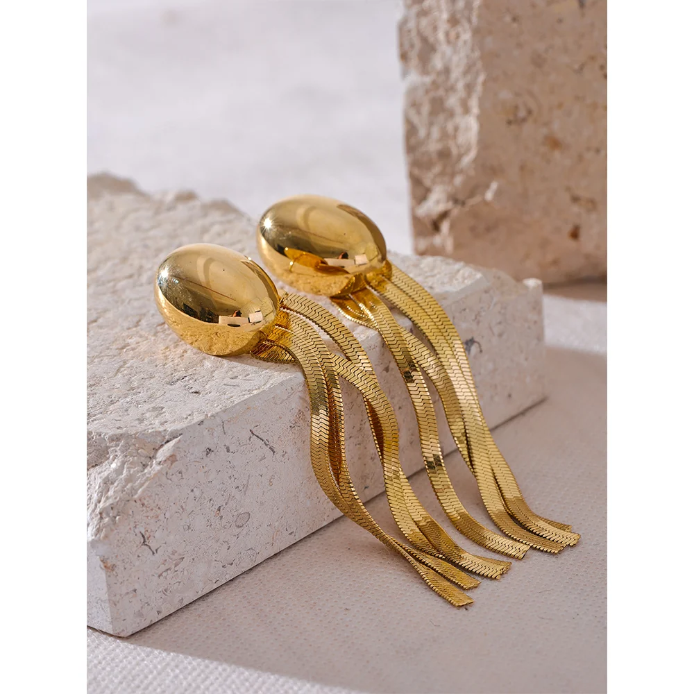 JINYOU 3129 Trendy Oval Tassel Snake Chain Long Hanging Drop Earrings Waterproof Temperament Fashion Ear Jewelry 2024