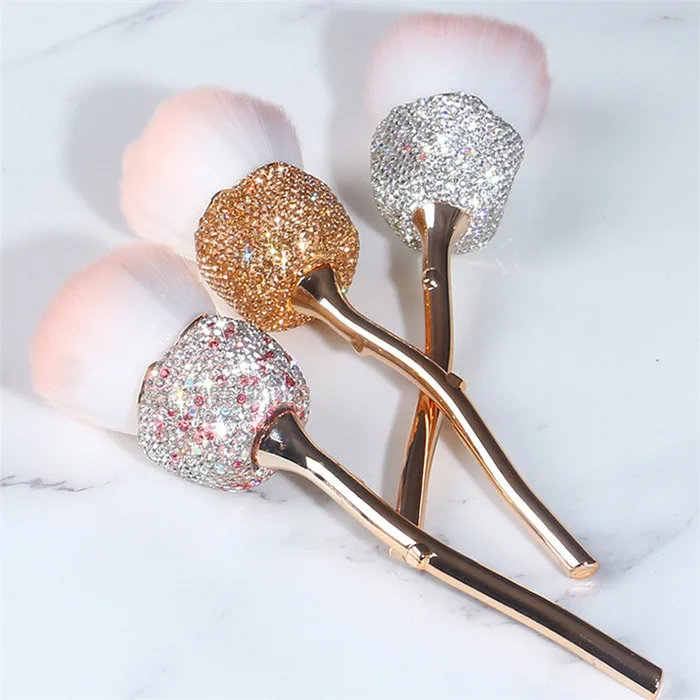 Luxury Rose Shaped Diamond Portable Loose Powder Makeup Cosmetic Tools Soft Hair Blusher Beauty Eyebrow Brushes