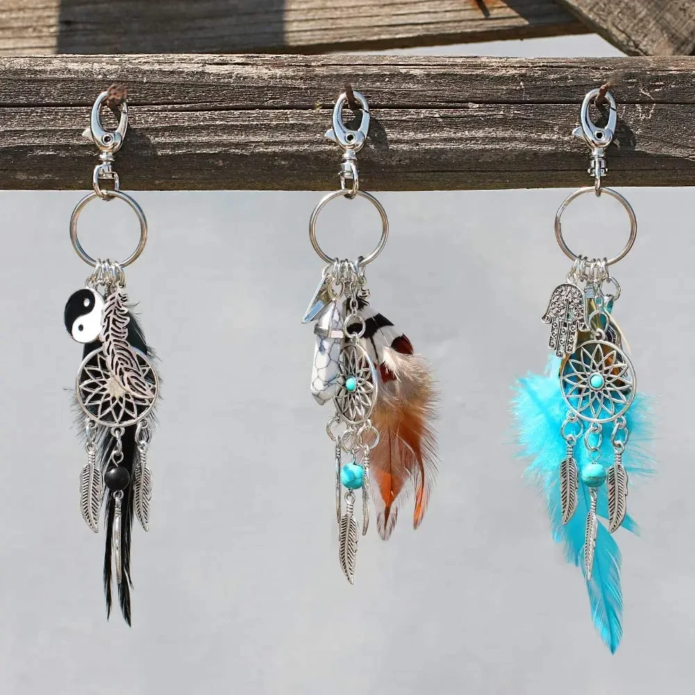 Promotional Keychains Feather Dream Catcher Keychain Car Metal Evil Eyes Dream Catcher Charm Crystal Keychains Accessories