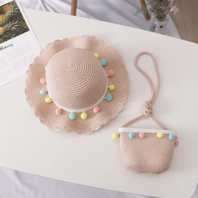 Children wholesale beach summer kids unisex paper straw hat and bag set