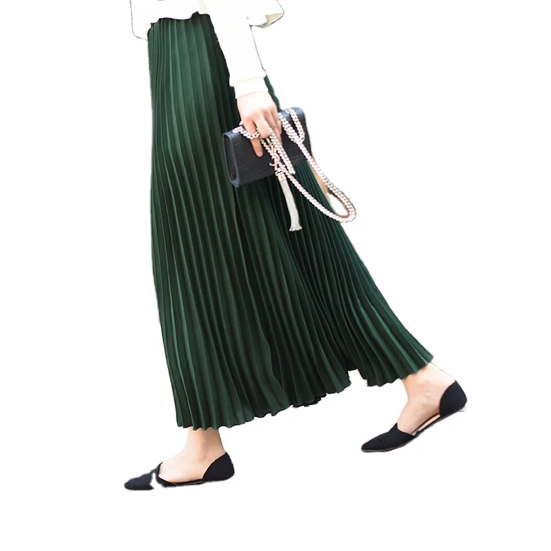 Hot sell Women Solid pleated skirt Elegant Casual Office Midi Elastic Waist Maxi Skirt Chiffon  A-line Mid-length