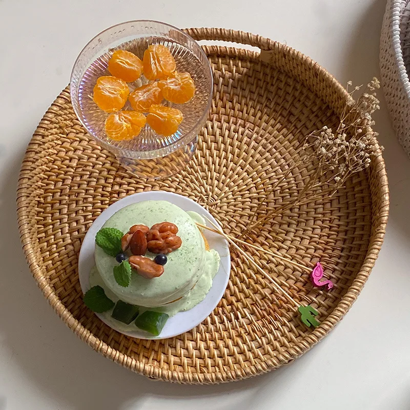 Handmade Round Table Storage Dining Table Decor Basket Kitchen Wicker Rattan Trays With Handles