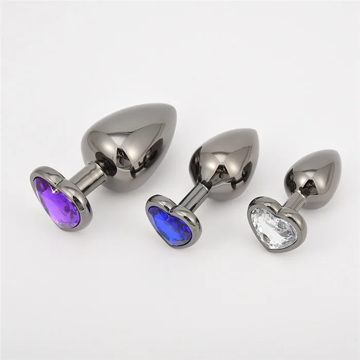 Hotselling sex toy heart shape gun color  metal anal plug stainless butt plug  with jewel