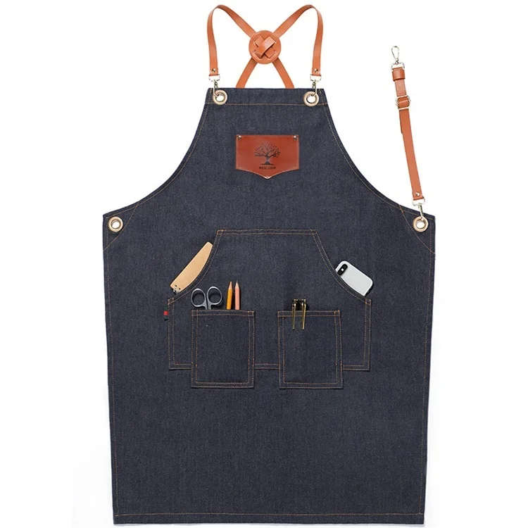 Fast delivery commercial kitchen server denim apron Unisex Adjustable Denim Barber bbq Kitchen cafe Apron With Pockets