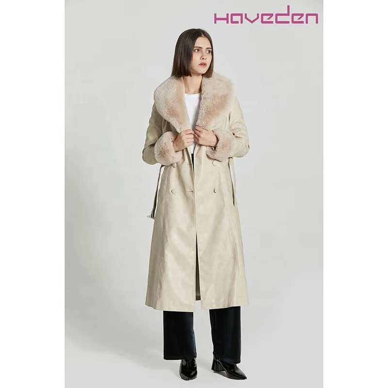 Long Pu coat large fur collar custom belt design winter jacket warm  ladies jacket