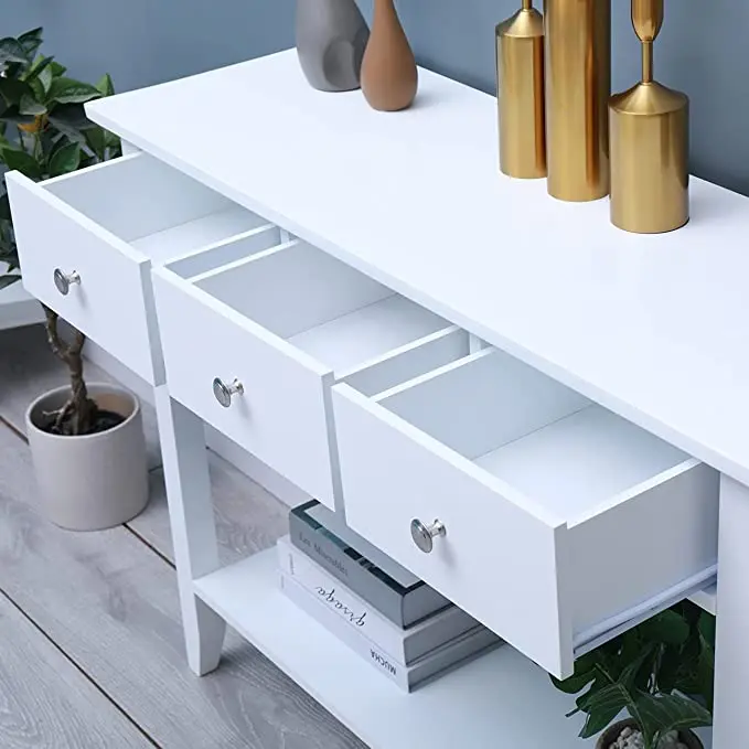 White Console Table with Shelf and Drawers Modern Entryway Wooden Hallway Bedroom Console Side Table