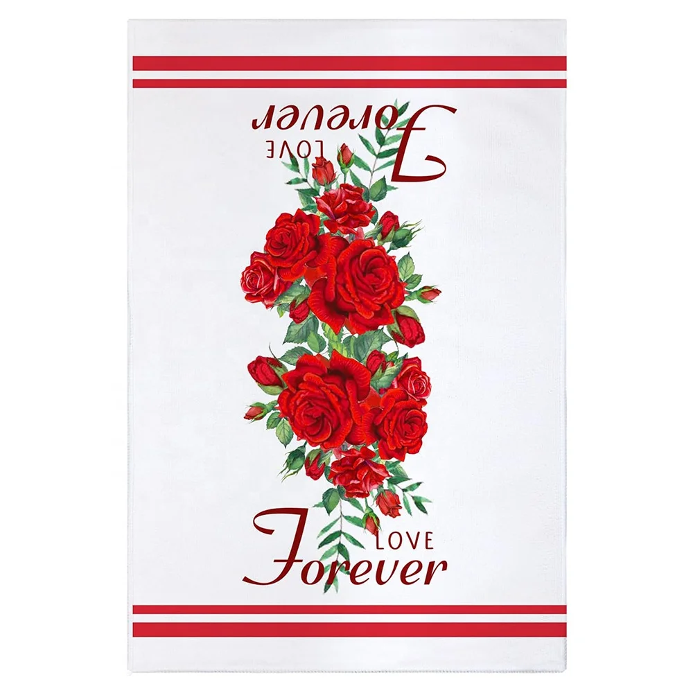 100% Polyester Red Rose Pattern Kitchen Towels Hanging Loop Romantic Flowers Dish Towel Highly Absorbent Tea Towel