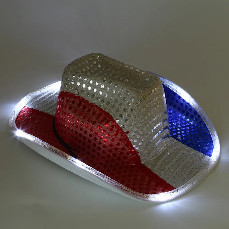 Light Up Red White and Blue Patriotic Cowboy Hats LED Sequin Cowgirl Hat 4th Of July Sparkly Usa Flag Cowboy Hats for Women Men