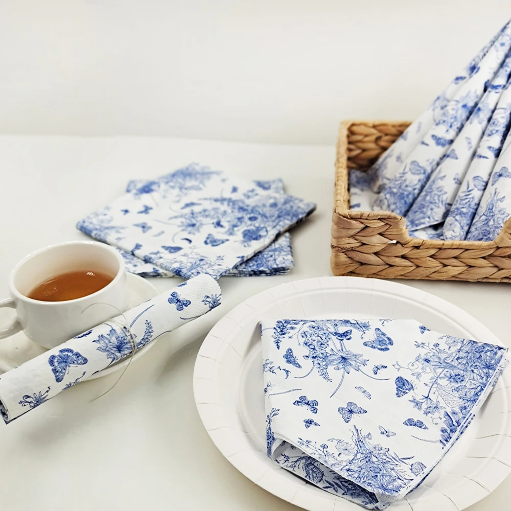 Wholesale printed tissue paper disposable napkins 33*33 CM blue butterfly pattern paper napkin high grad table napkin